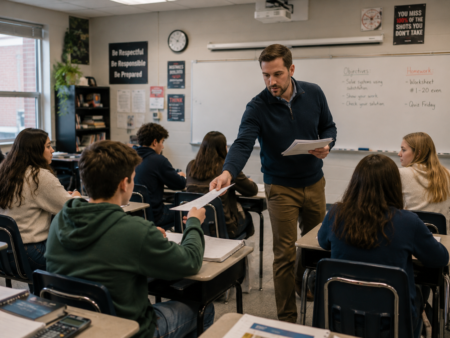 Female teacher passing out papers to students in a classroom